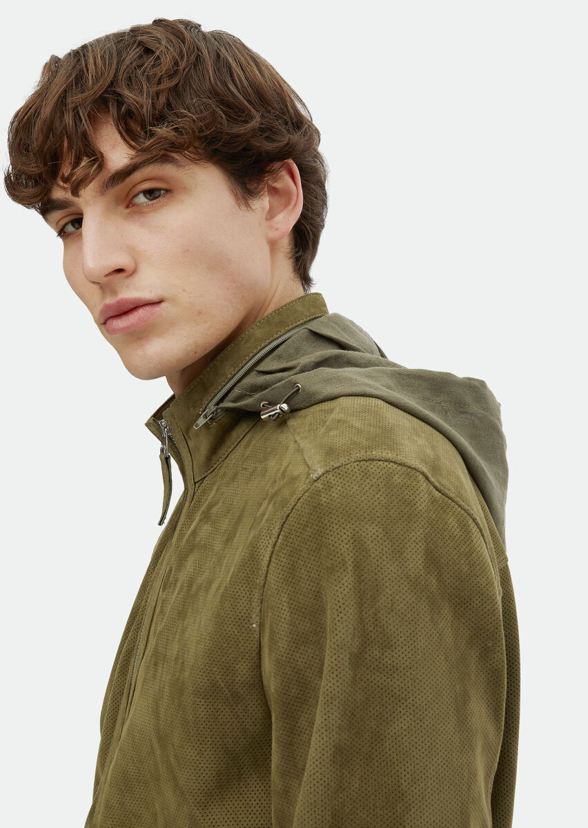 Khaki Regular Fit Turtleneck Casual Suede Leather Coat - 5