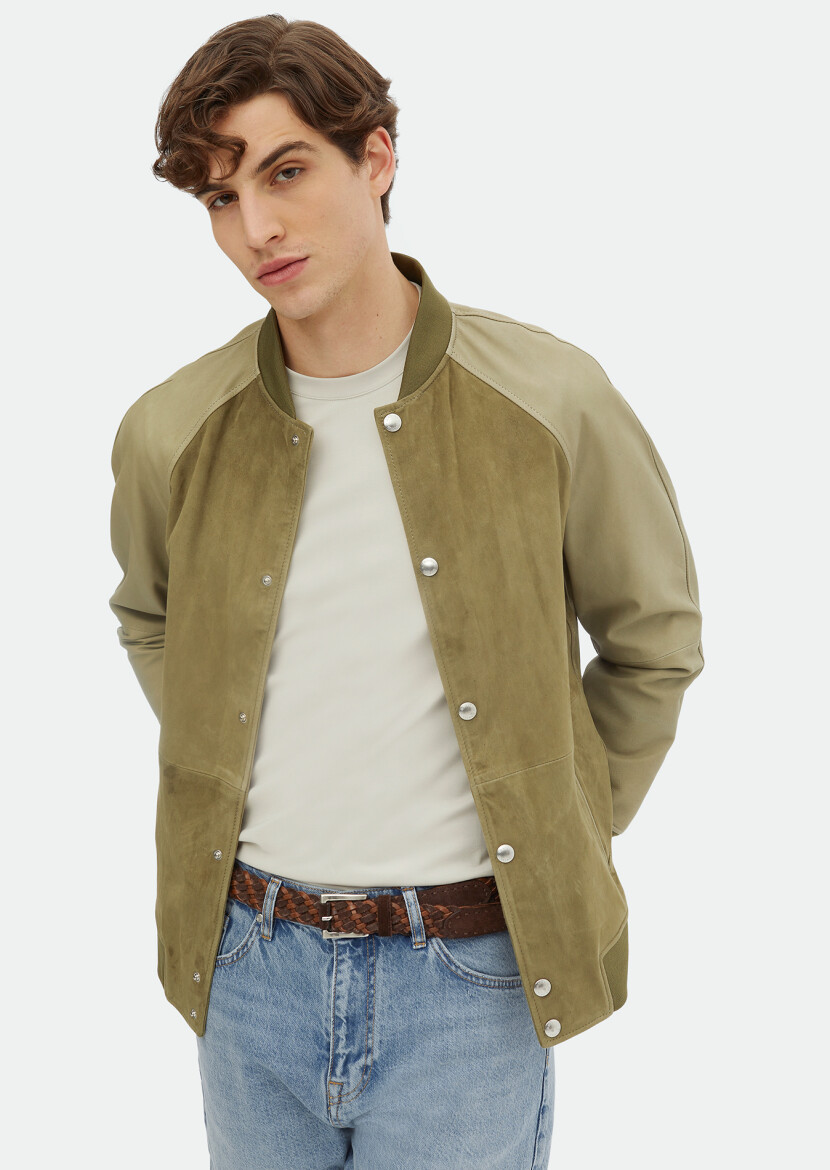 Khaki Regular Fit Turtleneck Casual Suede Leather Coat - 1