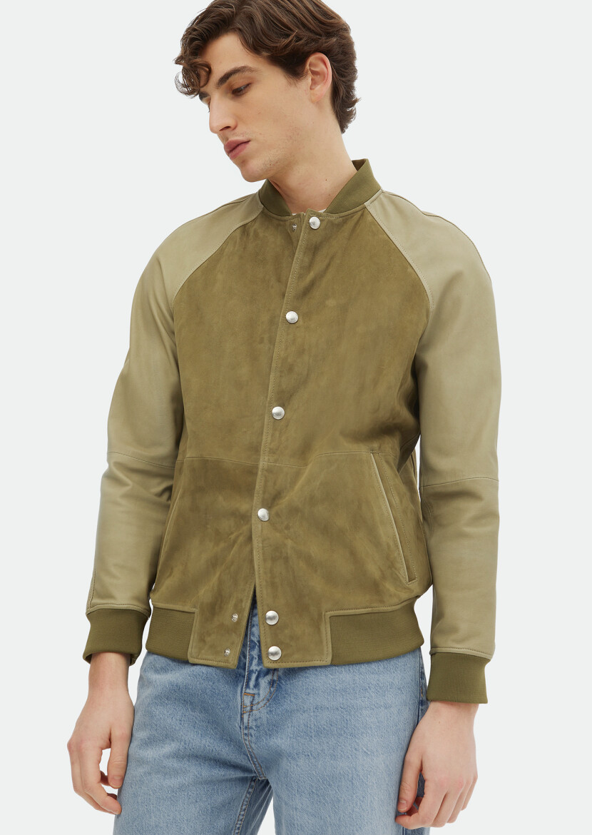 Khaki Regular Fit Turtleneck Casual Suede Leather Coat - 3