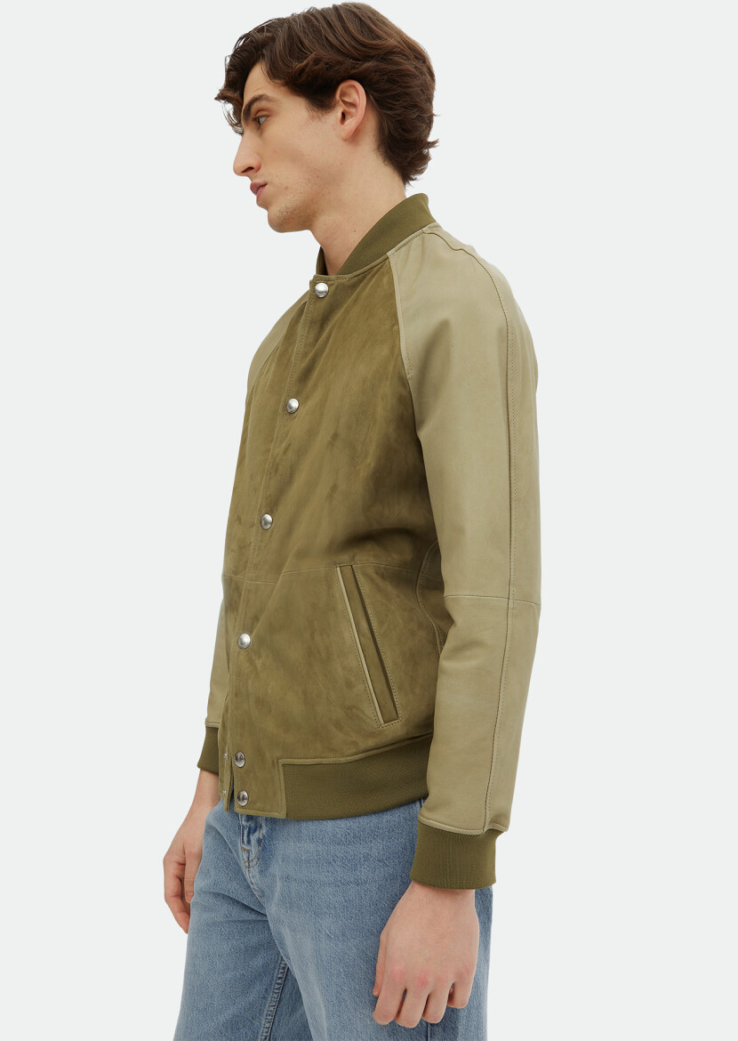 Khaki Regular Fit Turtleneck Casual Suede Leather Coat - 4