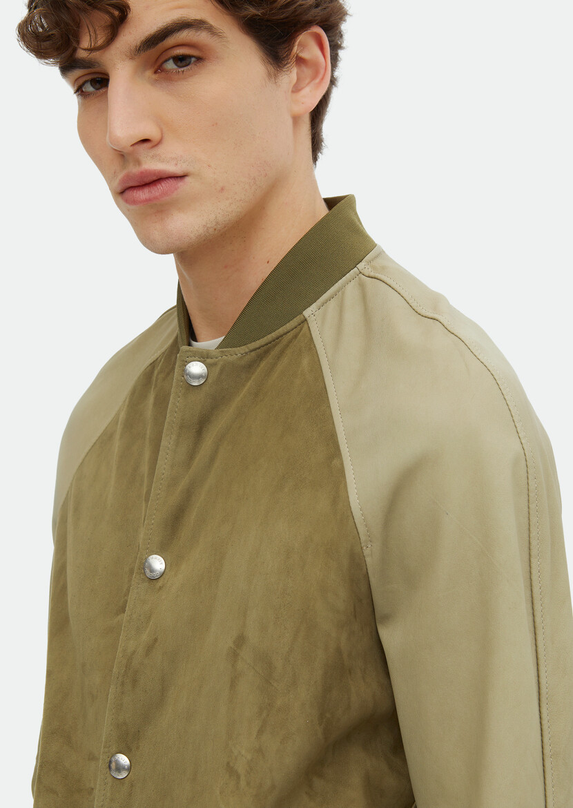 Khaki Regular Fit Turtleneck Casual Suede Leather Coat - 5