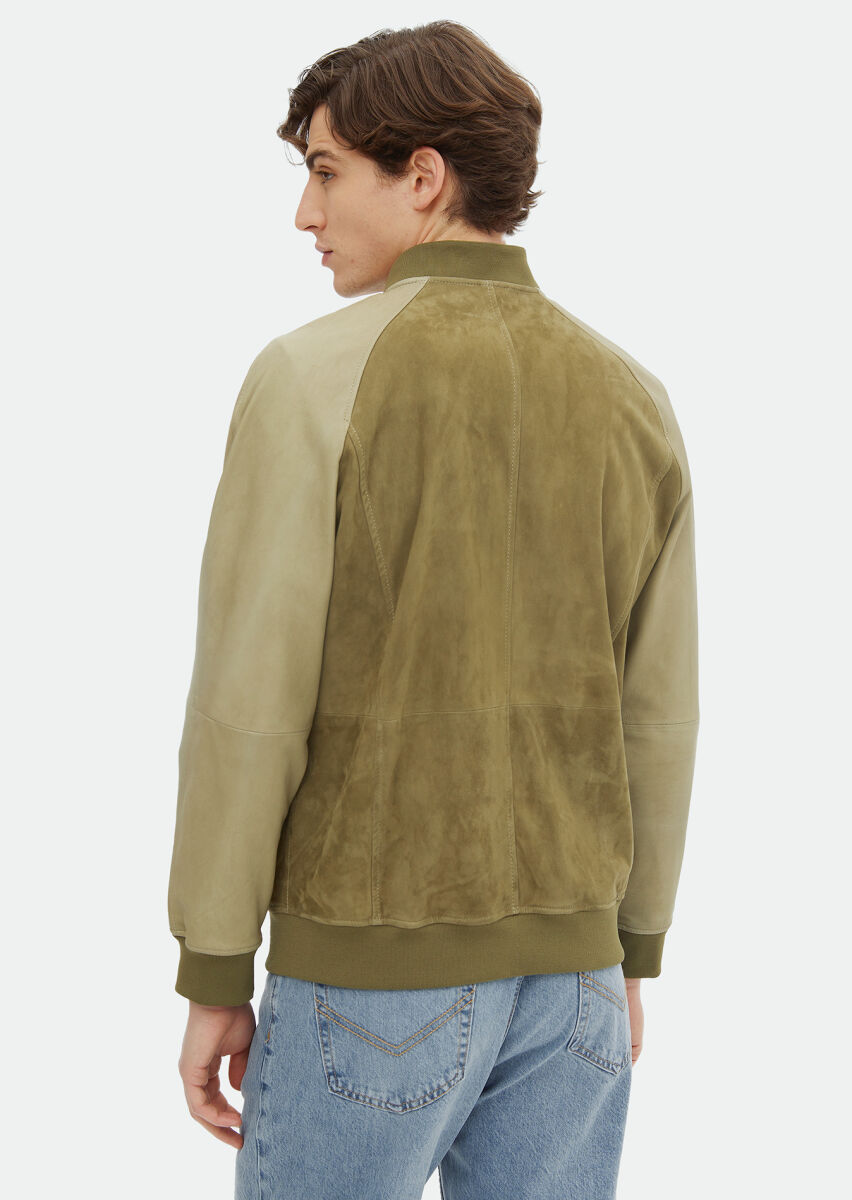 Khaki Regular Fit Turtleneck Casual Suede Leather Coat - 6