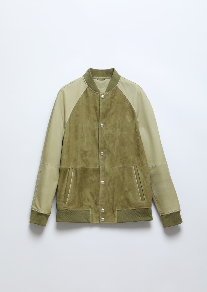 Khaki Regular Fit Turtleneck Casual Suede Leather Coat - 7