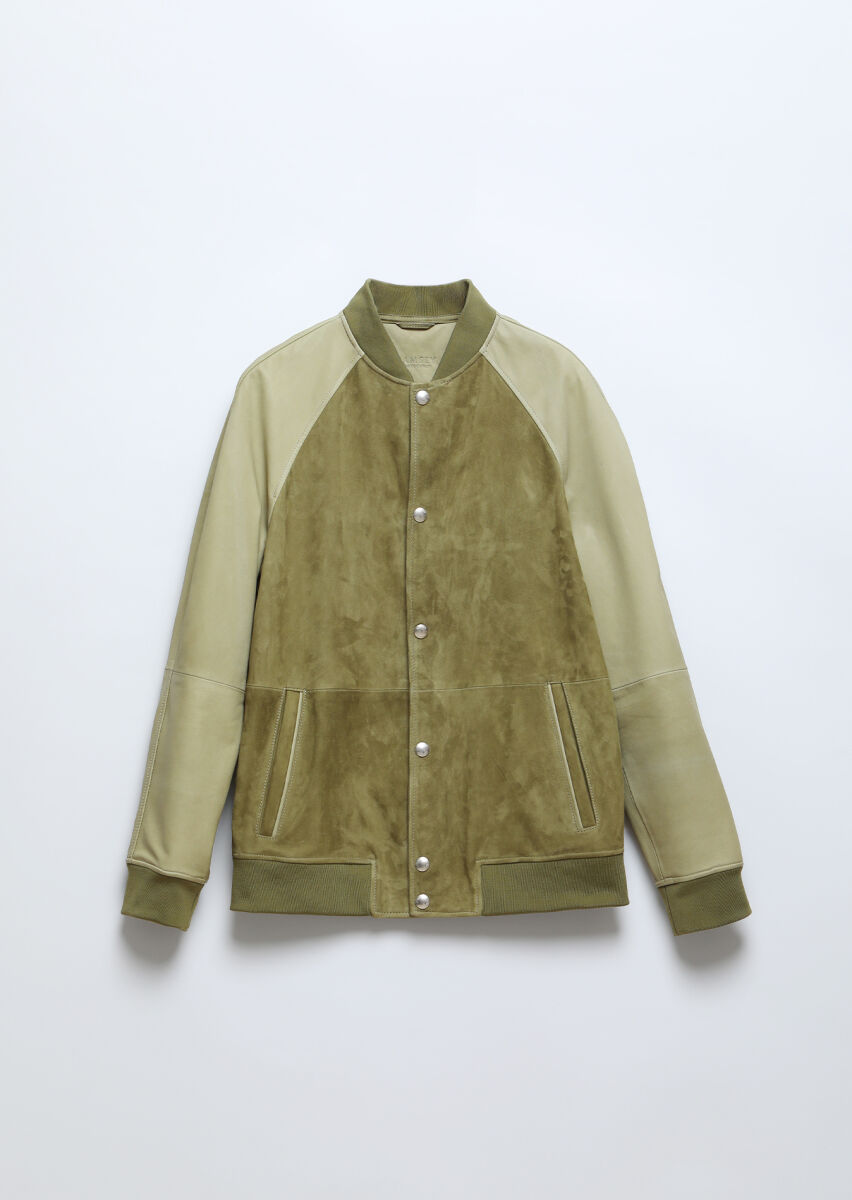 Khaki Regular Fit Turtleneck Casual Suede Leather Coat - 7