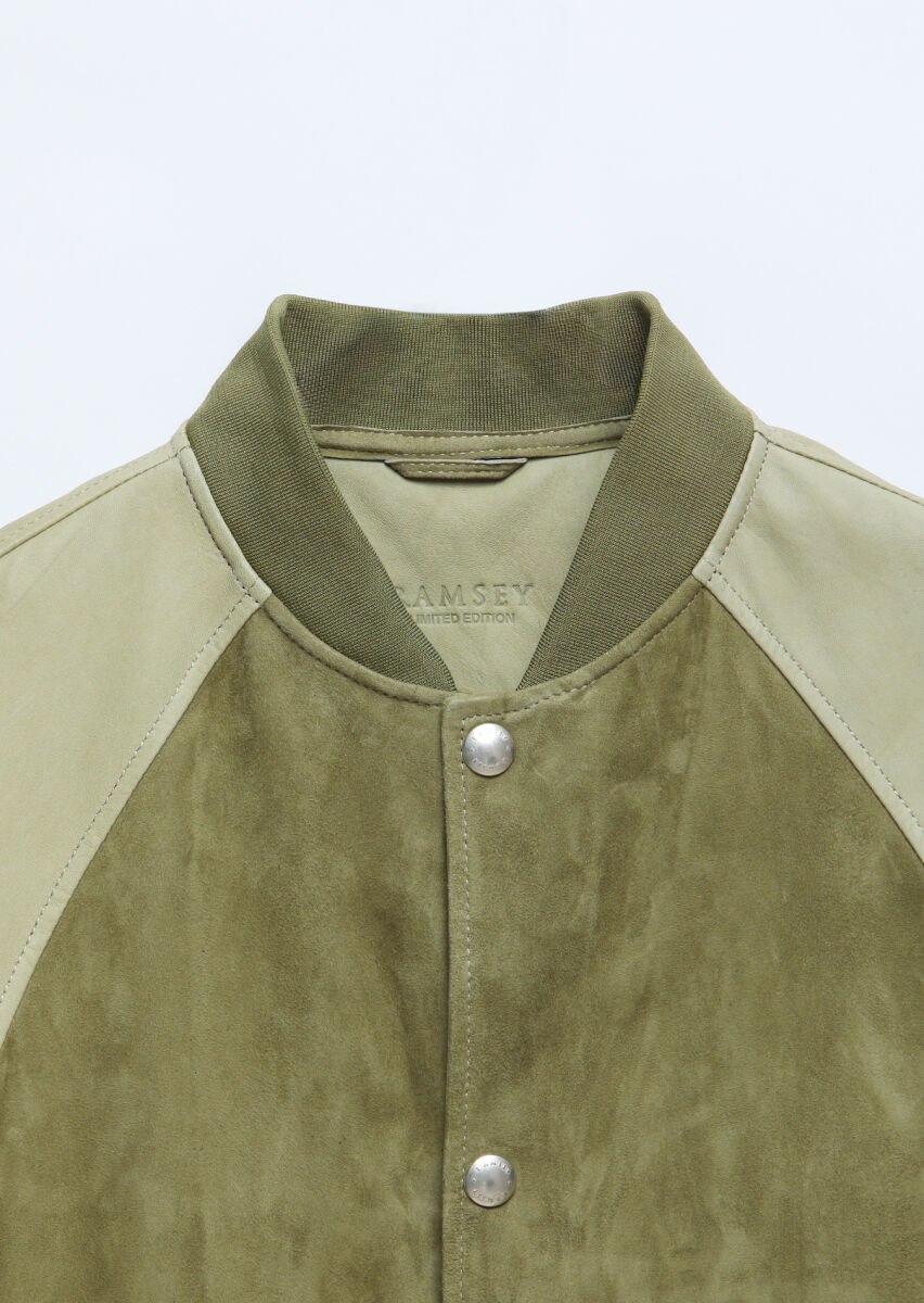 Khaki Regular Fit Turtleneck Casual Suede Leather Coat - 8