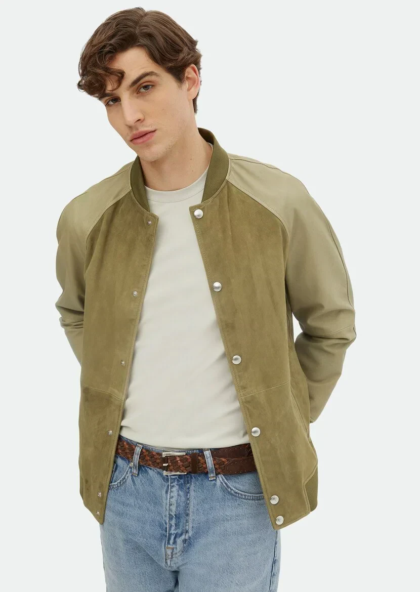 Khaki Regular Fit Turtleneck Casual Suede Leather Coat - 1