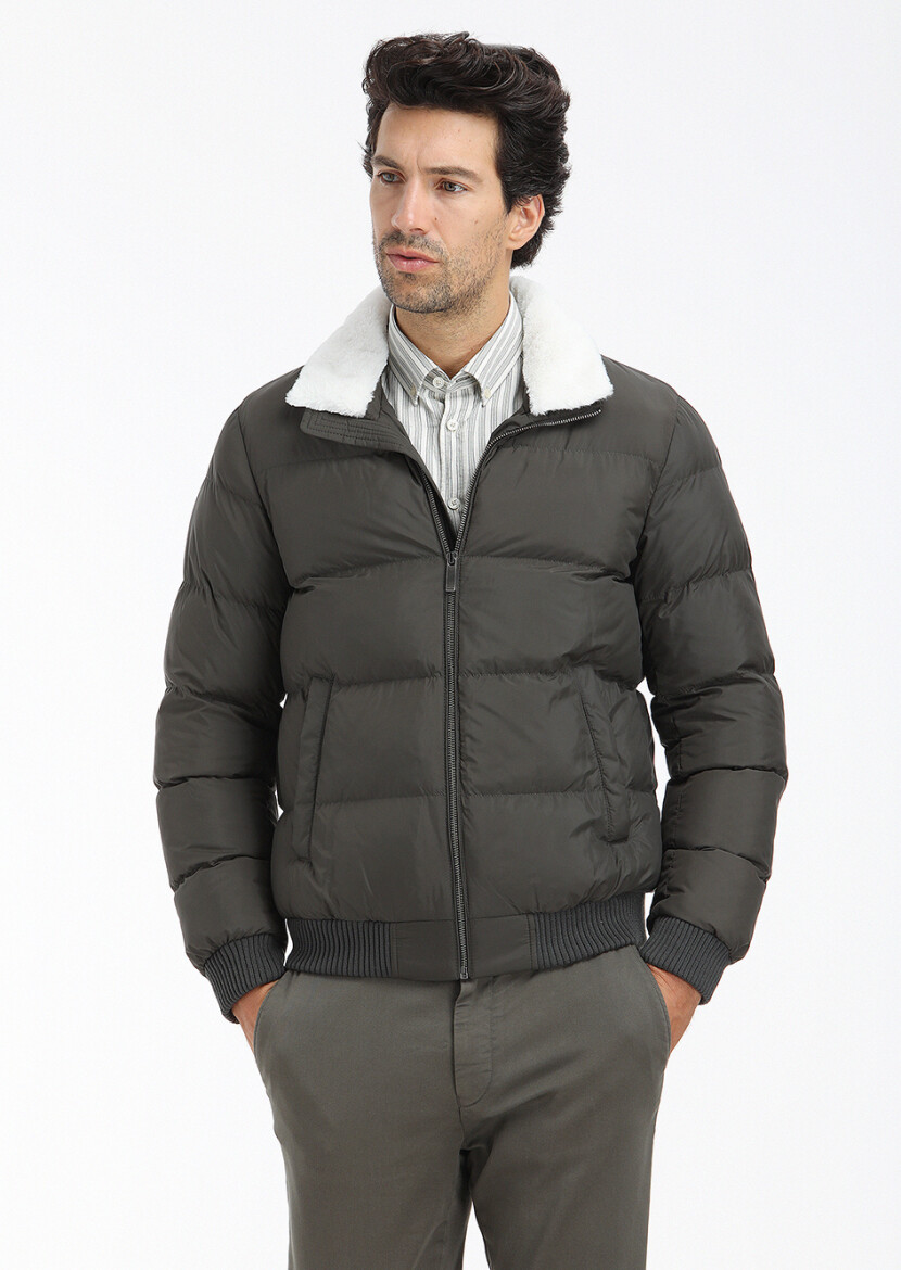 Khaki Regular Fit Turtleneck Casual Weaving Coat - 2