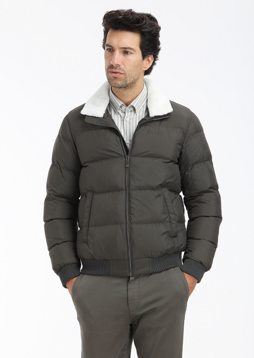 Khaki Regular Fit Turtleneck Casual Weaving Coat - 2