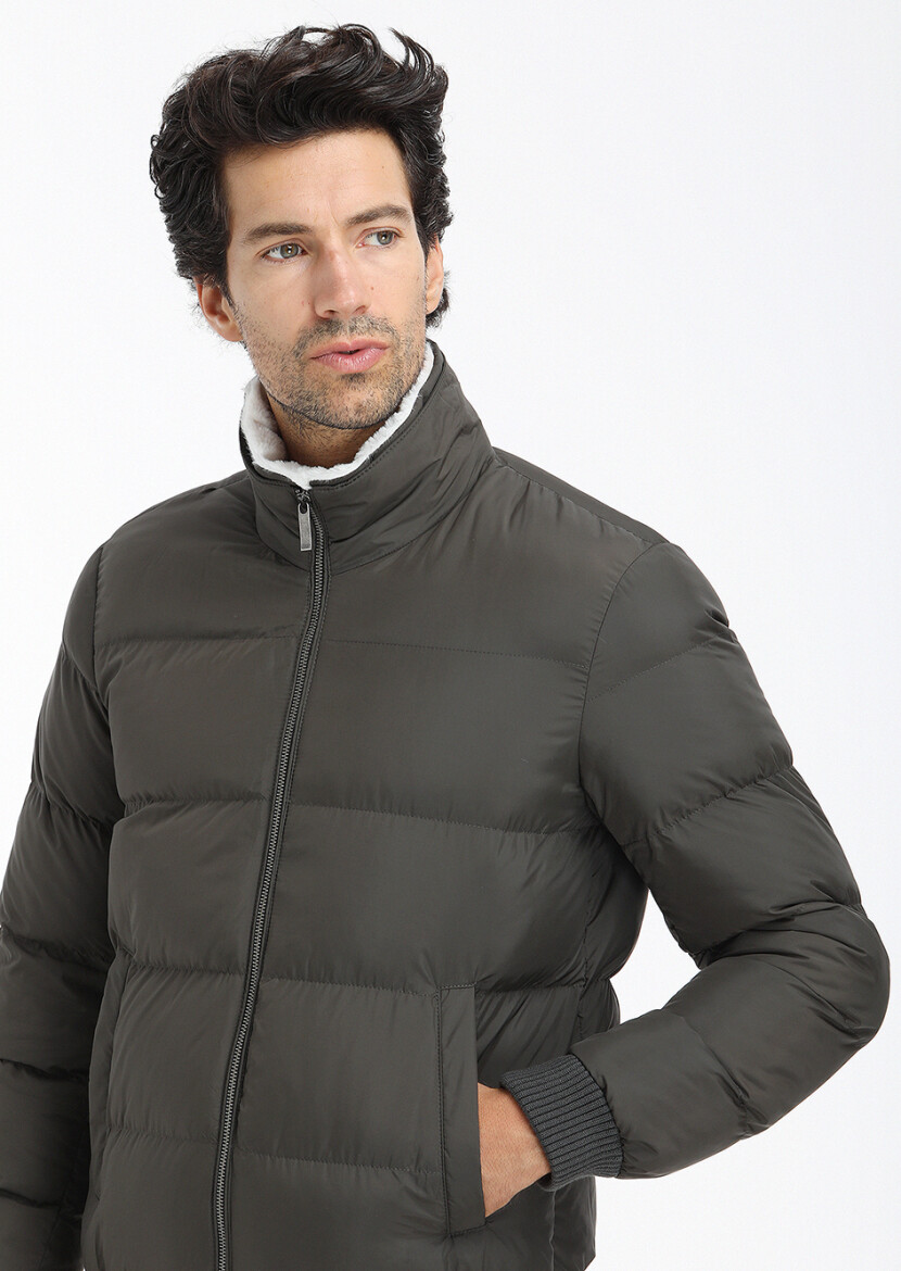 Khaki Regular Fit Turtleneck Casual Weaving Coat - 3