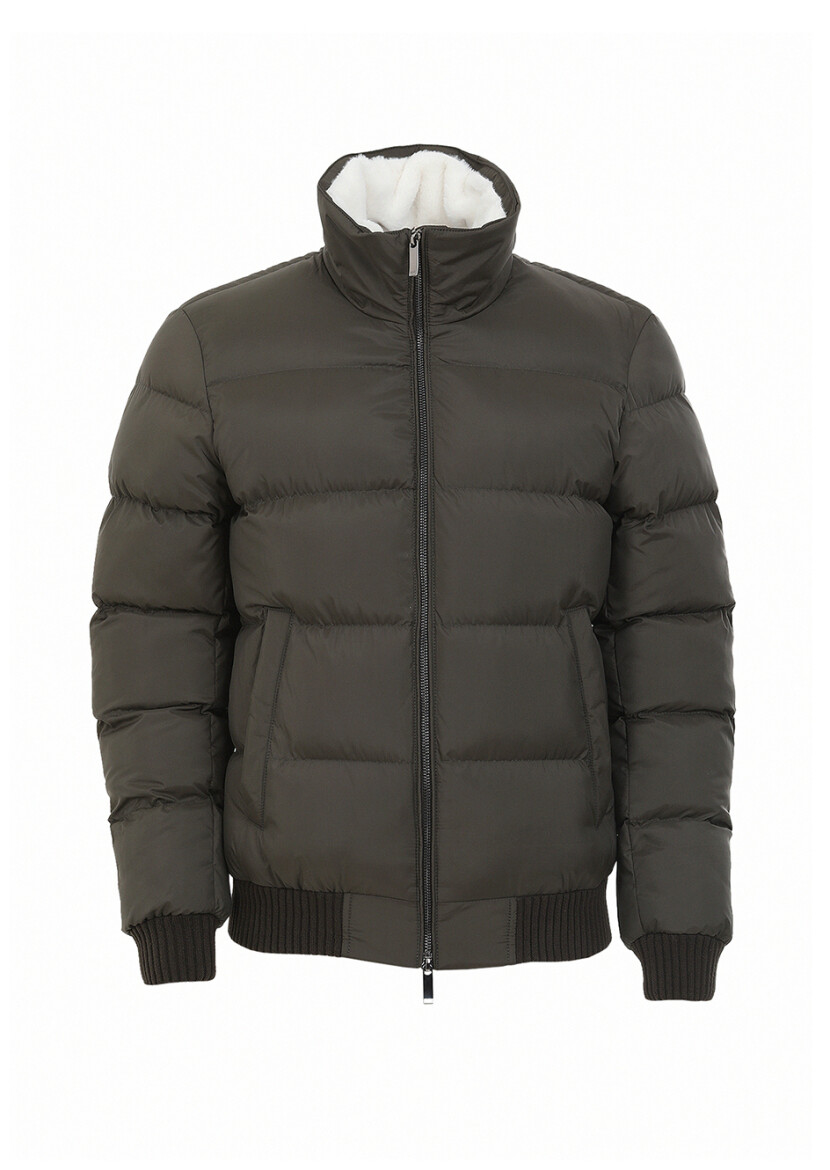 Khaki Regular Fit Turtleneck Casual Weaving Coat - 7