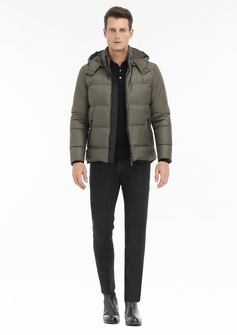 Khaki Regular Fit Turtleneck Casual Weaving Puffer Coat 