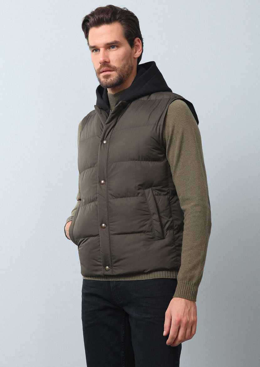 Khaki Regular Fit Turtleneck Casual Weaving Puffer Vest - 2