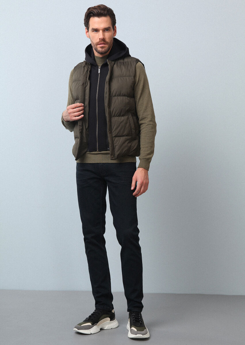 Khaki Regular Fit Turtleneck Casual Weaving Puffer Vest - 4