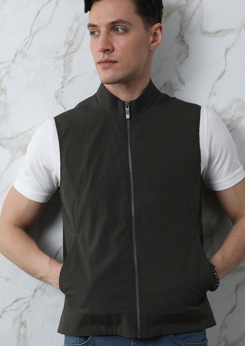 Khaki Regular Fit Turtleneck Casual Weaving Puffer Vest - 3