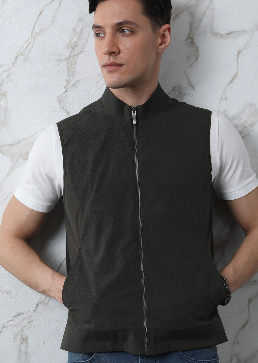 Khaki Regular Fit Turtleneck Casual Weaving Puffer Vest - 3