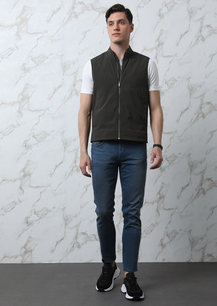 Khaki Regular Fit Turtleneck Casual Weaving Puffer Vest - 4