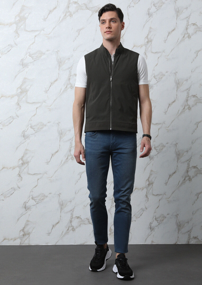 Khaki Regular Fit Turtleneck Casual Weaving Puffer Vest - 4