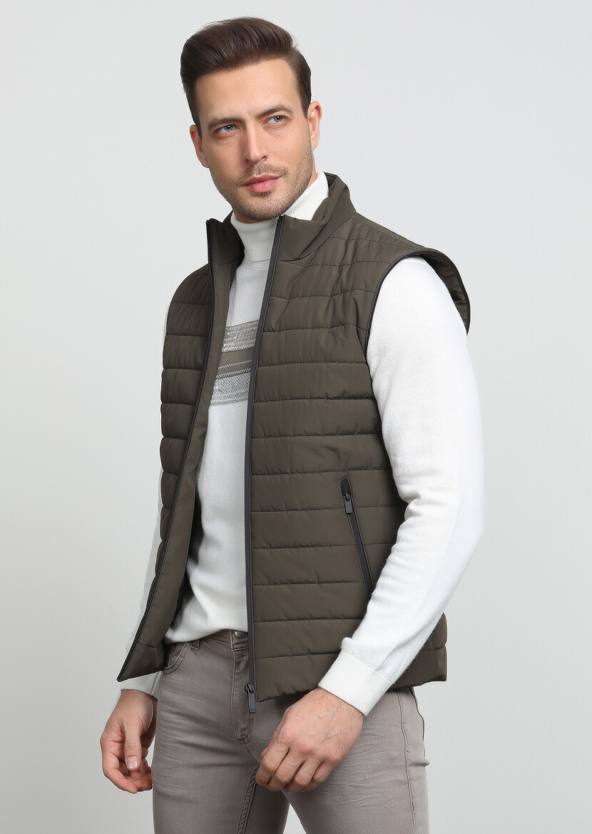Khaki Regular Fit Turtleneck Casual Weaving Puffer Vest - 1
