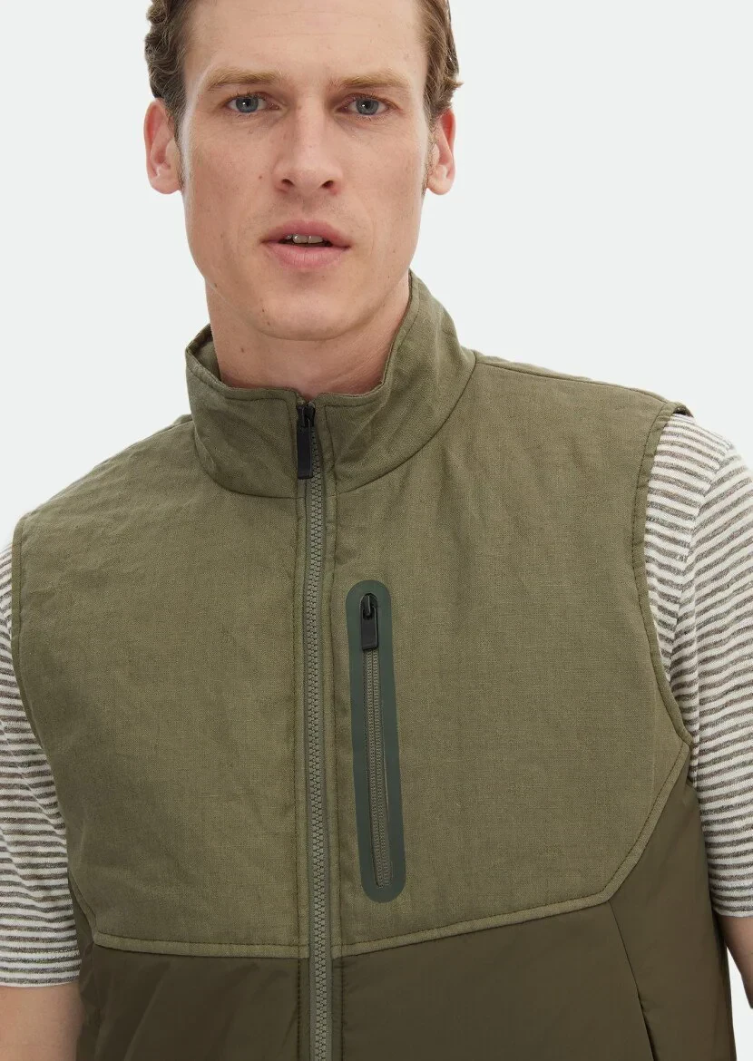Khaki Regular Fit Turtleneck Casual Weaving Puffer Vest - 6