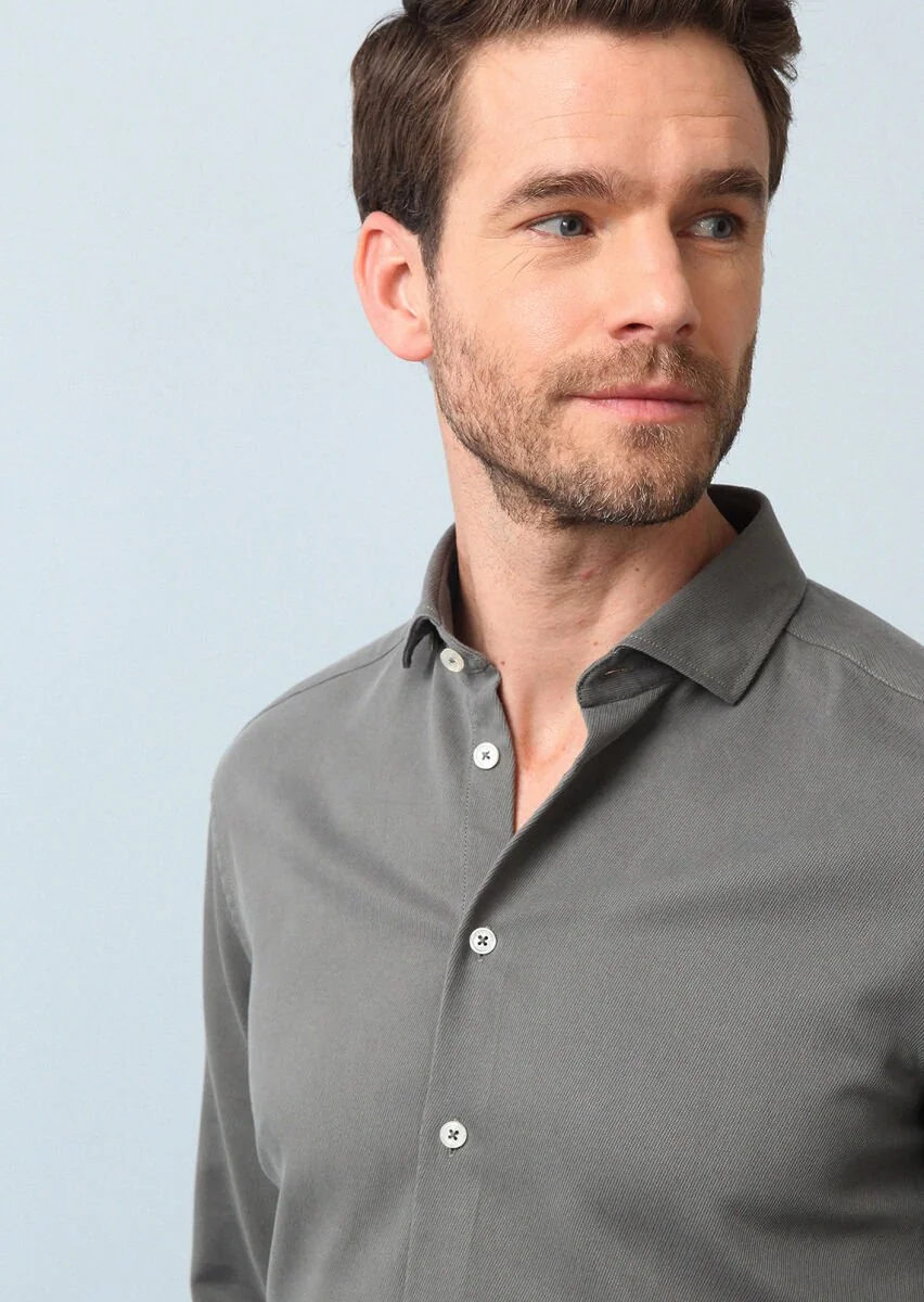 Khaki Regular Fit Weaving Casual Cotton Blended Shirt - 2