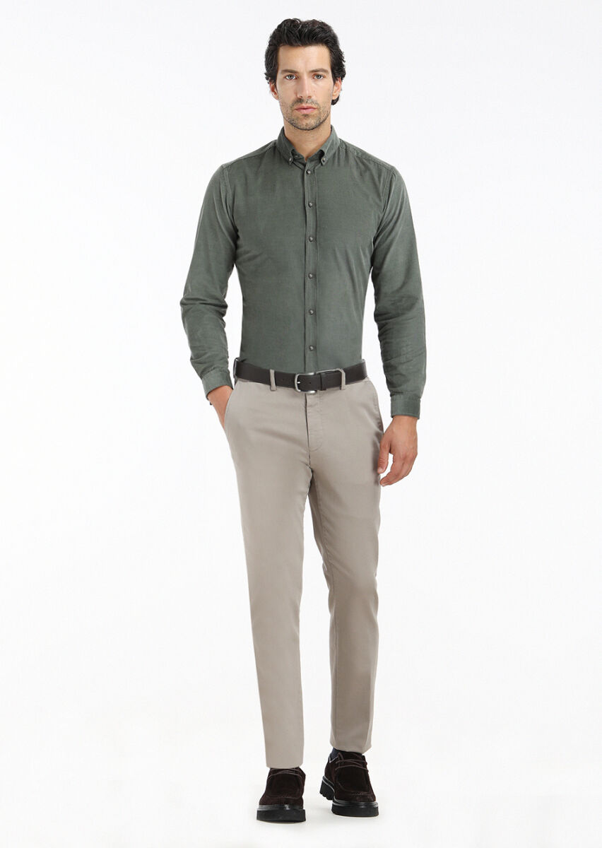 Khaki Ribbed Regular Fit Long Weaving Casual 100% Cotton Shirt - 2