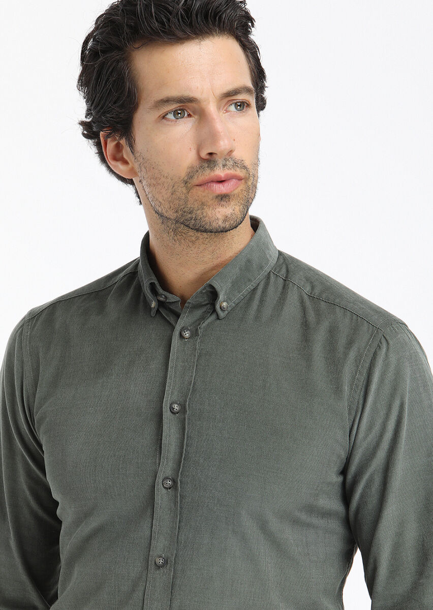 Khaki Ribbed Regular Fit Long Weaving Casual 100% Cotton Shirt - 3