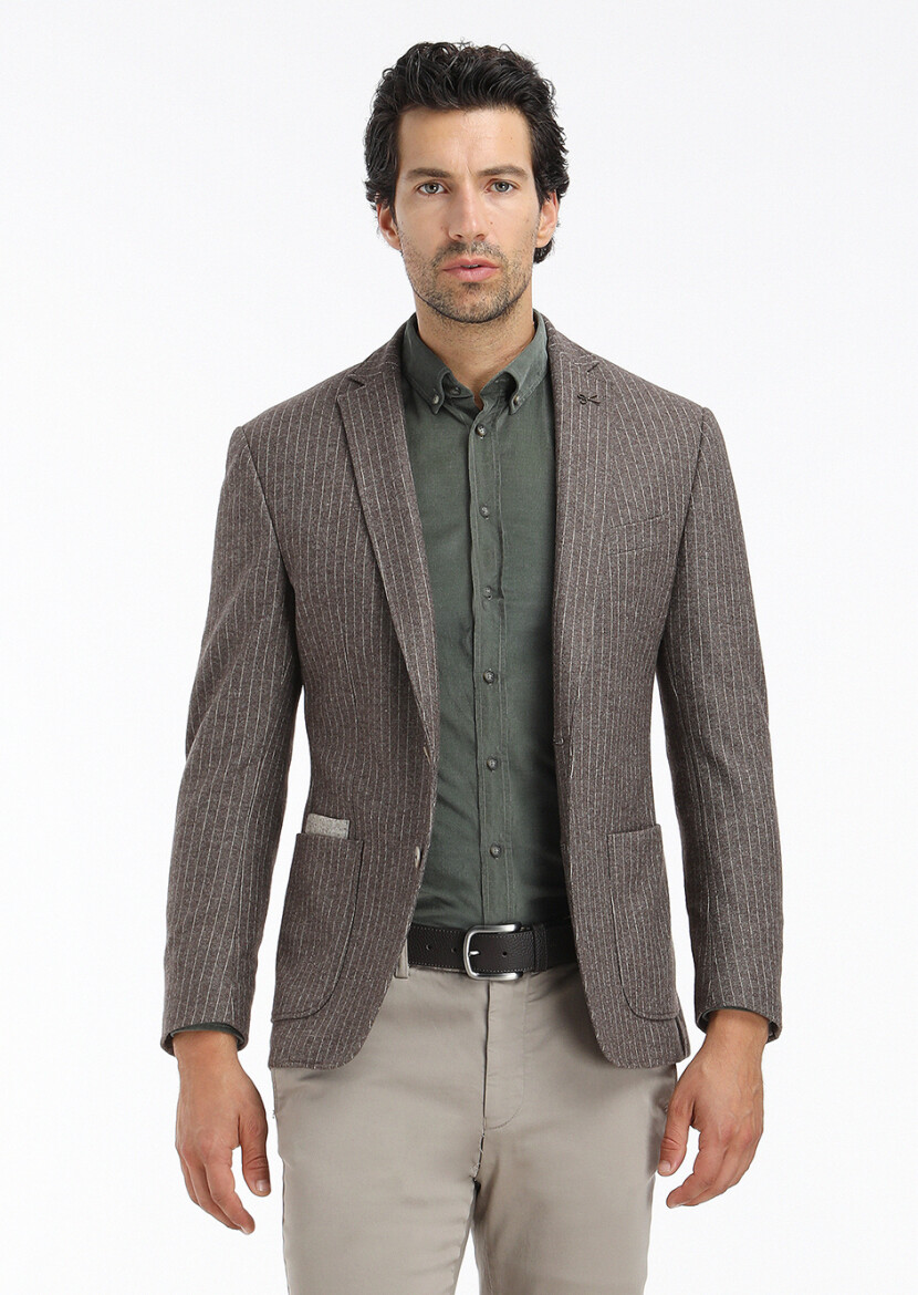 Khaki Ribbed Regular Fit Long Weaving Casual 100% Cotton Shirt - 4