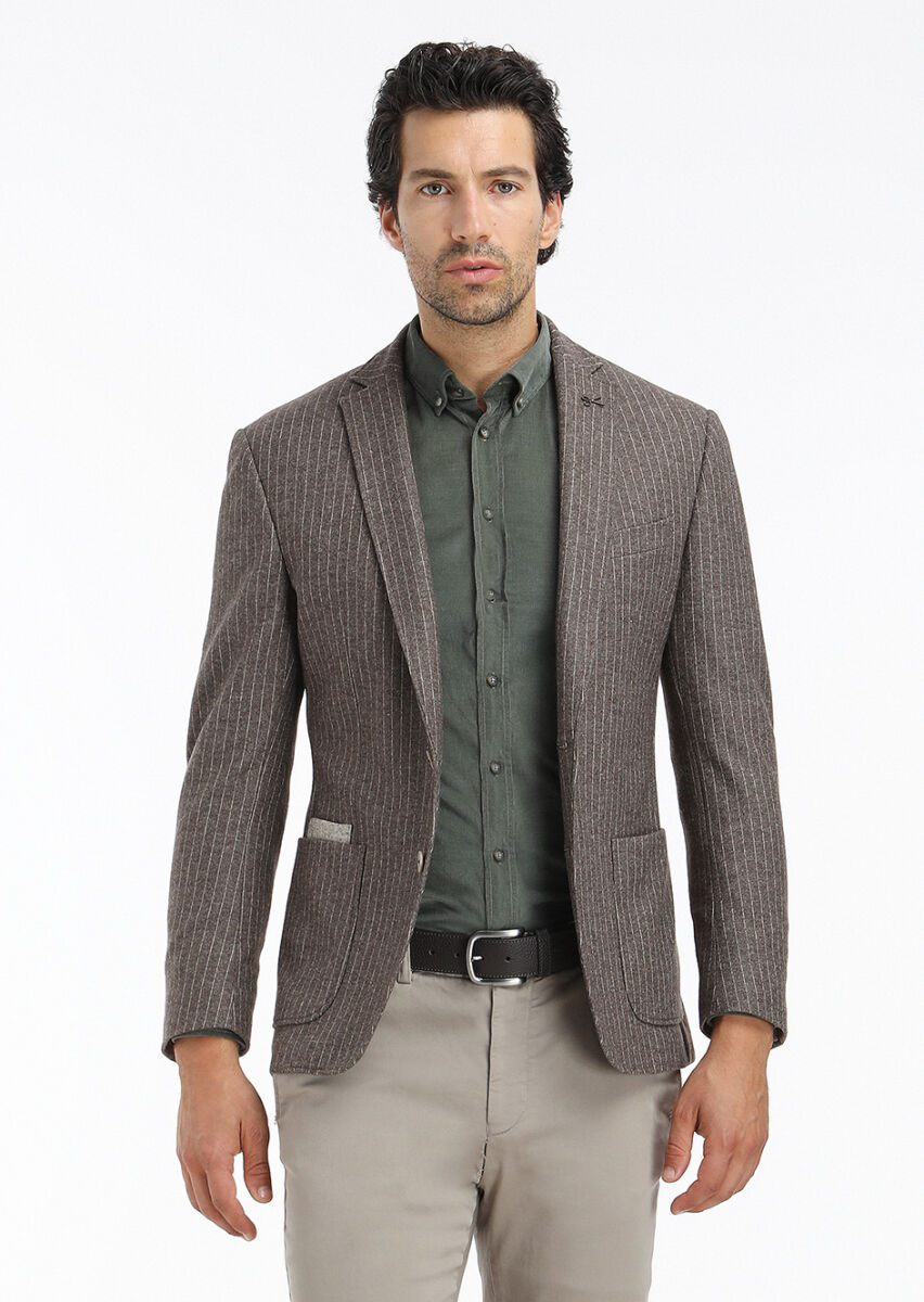 Khaki Ribbed Regular Fit Long Weaving Casual 100% Cotton Shirt - 4