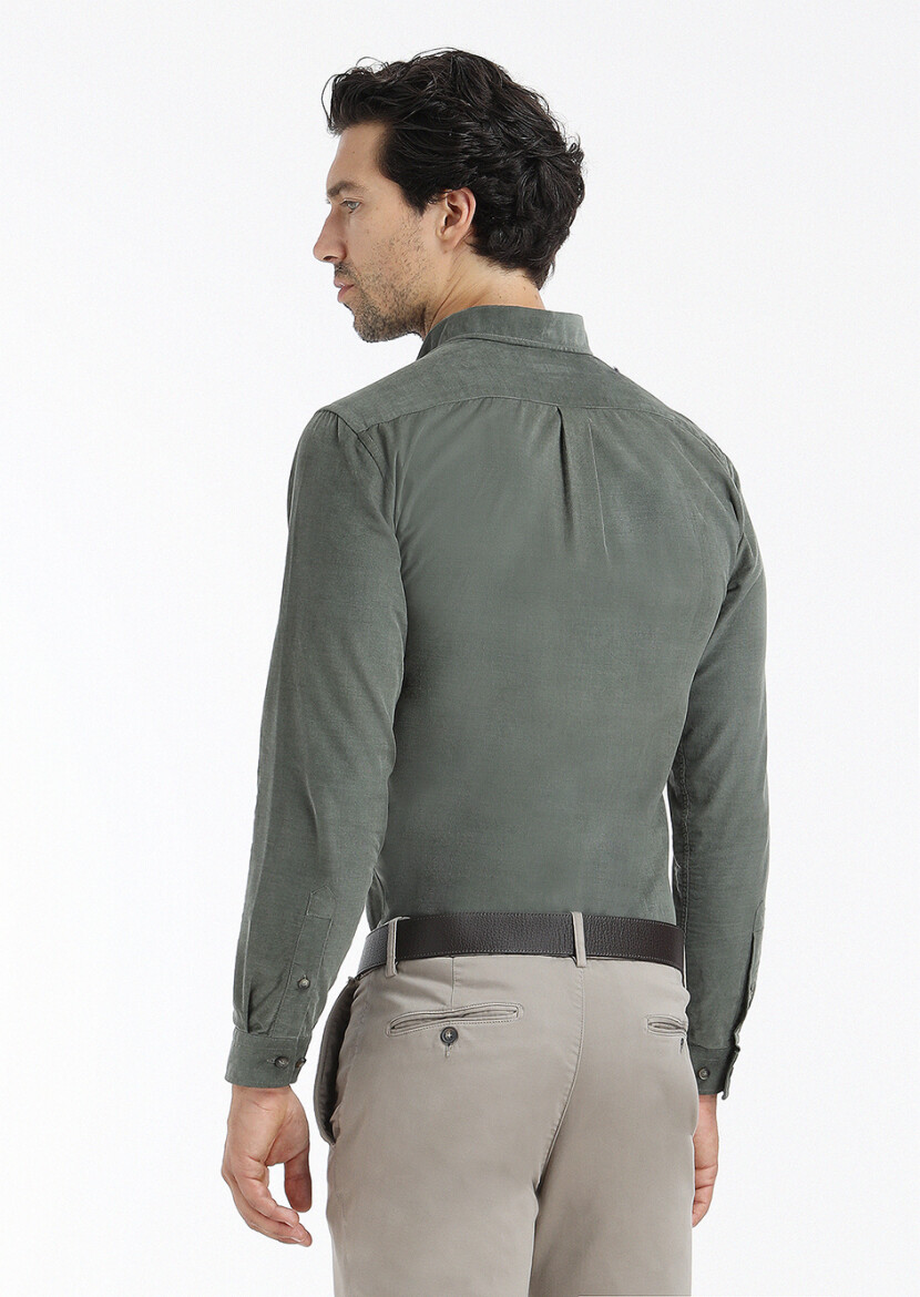 Khaki Ribbed Regular Fit Long Weaving Casual 100% Cotton Shirt - 5