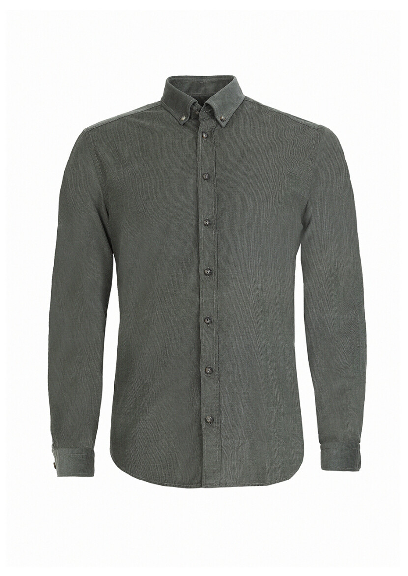 Khaki Ribbed Regular Fit Long Weaving Casual 100% Cotton Shirt - 6