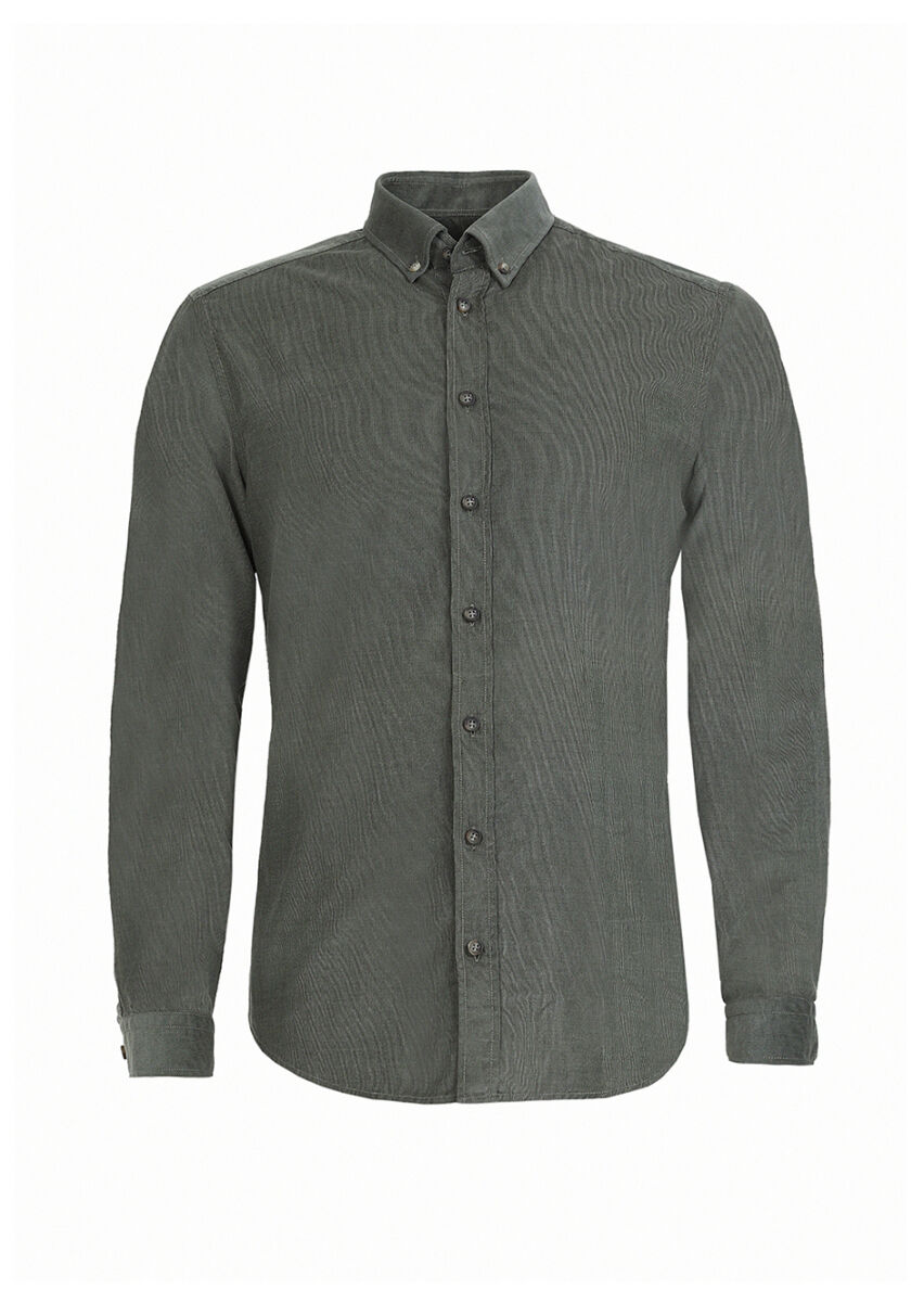 Khaki Ribbed Regular Fit Long Weaving Casual 100% Cotton Shirt - 6