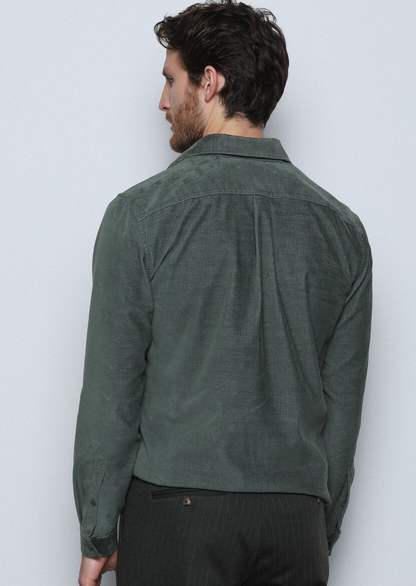 Khaki Ribbed Regular Fit Long Weaving Casual Cotton Blended Shirt - 5