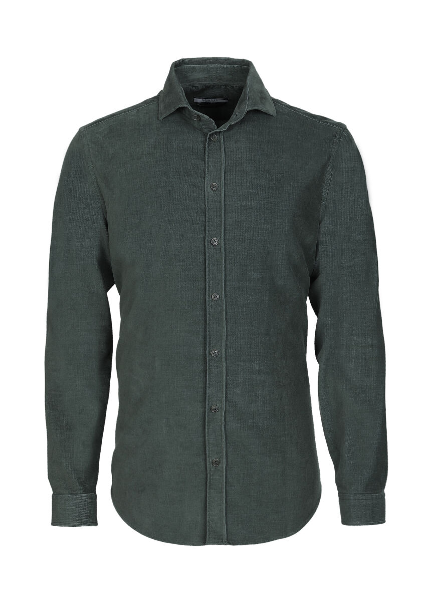 Khaki Ribbed Regular Fit Long Weaving Casual Cotton Blended Shirt - 6