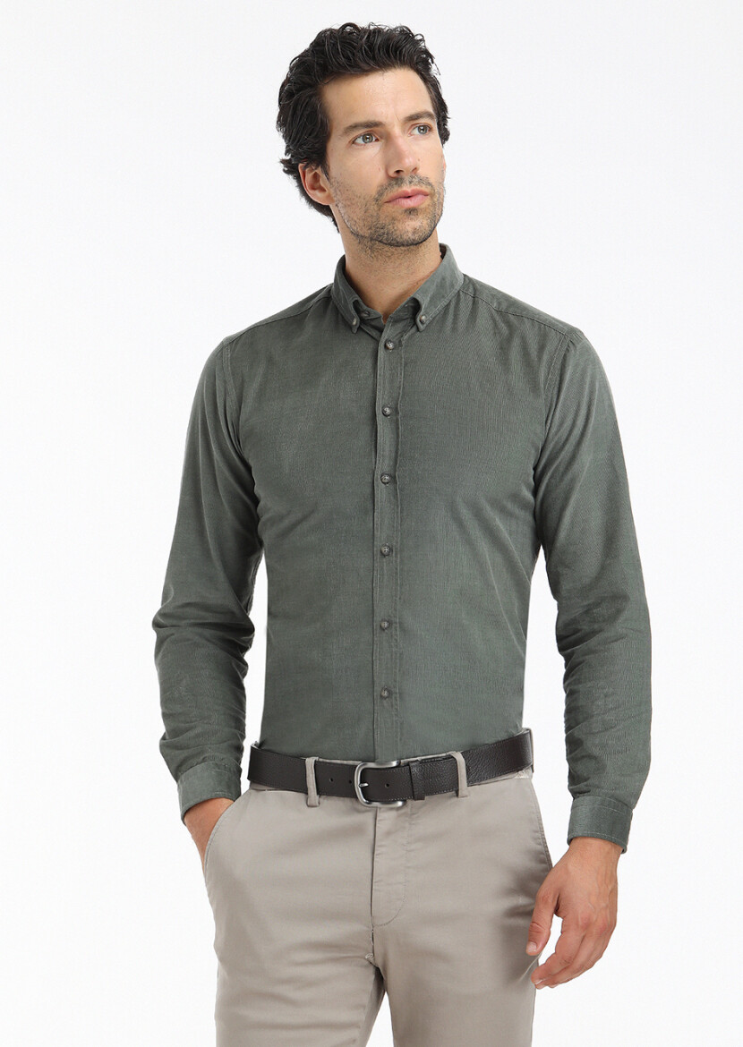 Khaki Ribbed Regular Fit Weaving Casual 100% Cotton Shirt 