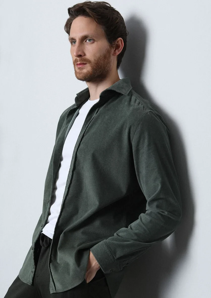 Khaki Ribbed Regular Fit Weaving Casual Cotton Blended Shirt - 2