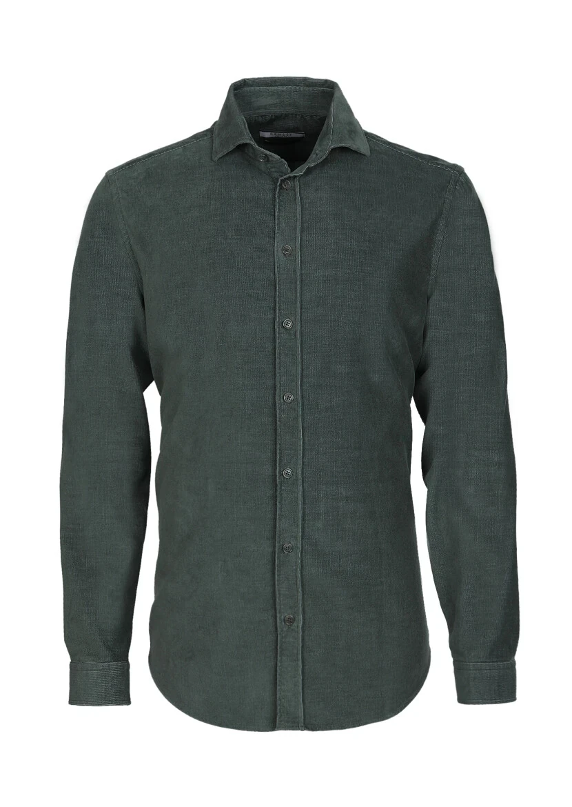 Khaki Ribbed Regular Fit Weaving Casual Cotton Blended Shirt - 6