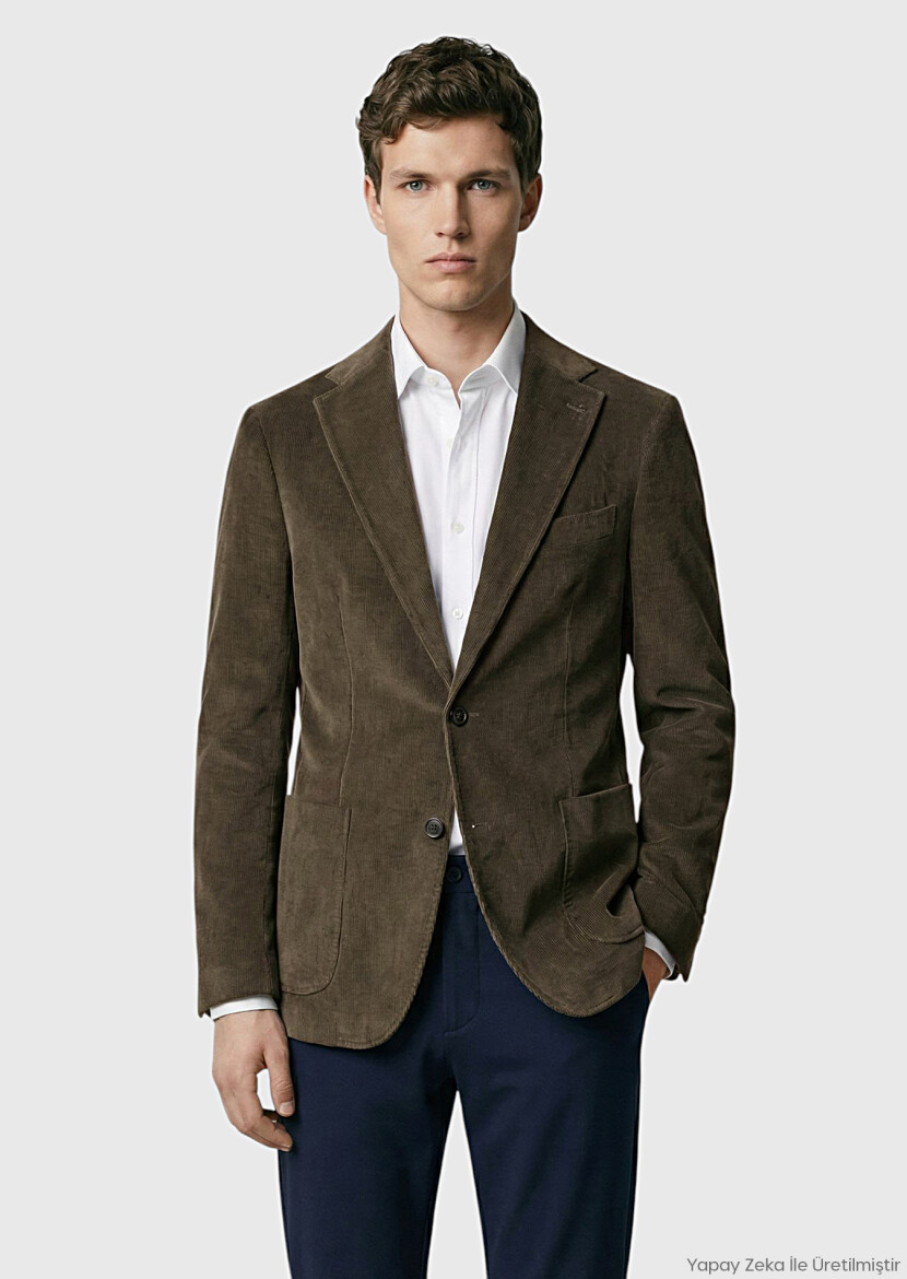 Khaki Ribbed Zeroweight Slim Fit Cotton Blended Jacket - RAMSEY