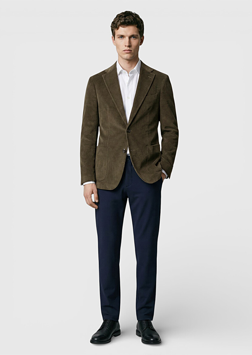 Khaki Ribbed Zeroweight Slim Fit Cotton Blended Jacket - 3