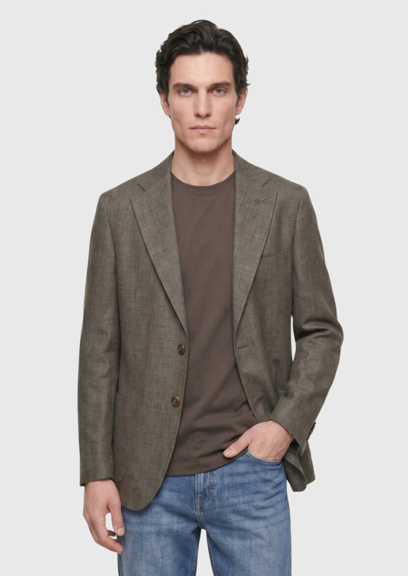 Khaki Shirt Shoulder Slim Fit 100% Linen Jacket - 1
