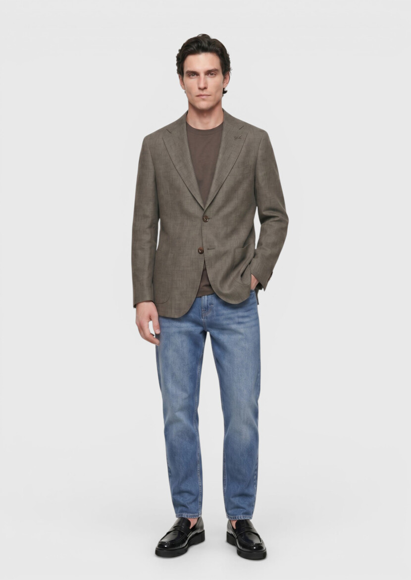 Khaki Shirt Shoulder Slim Fit 100% Linen Jacket - 3