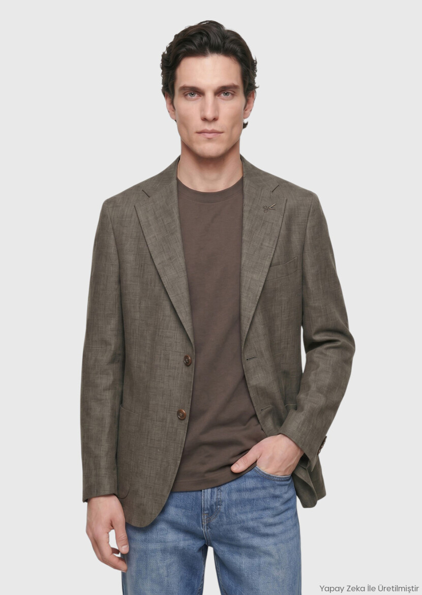 Khaki Shirt Shoulder Slim Fit 100% Linen Jacket - RAMSEY