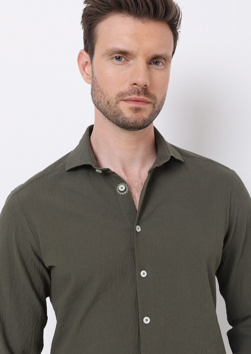 Khaki Slim Fit Long Weaving Casual Cotton Blended Shirt 