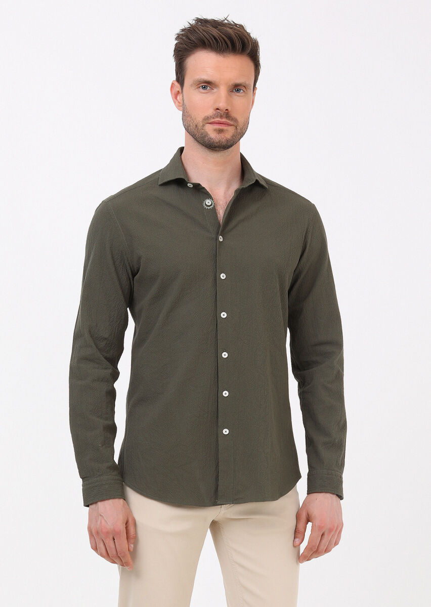 Khaki Slim Fit Long Weaving Casual Cotton Blended Shirt - 4