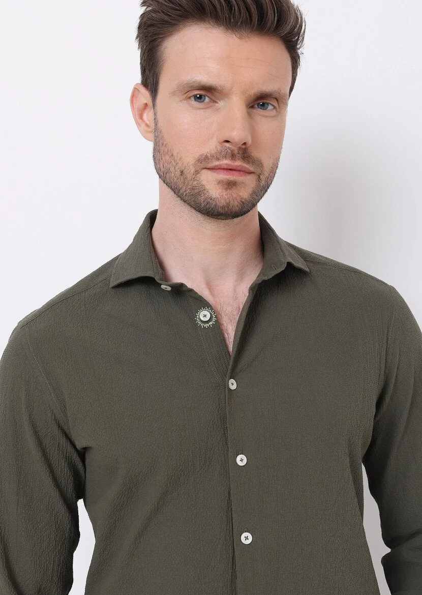 Khaki Slim Fit Weaving Casual Cotton Blended Shirt 