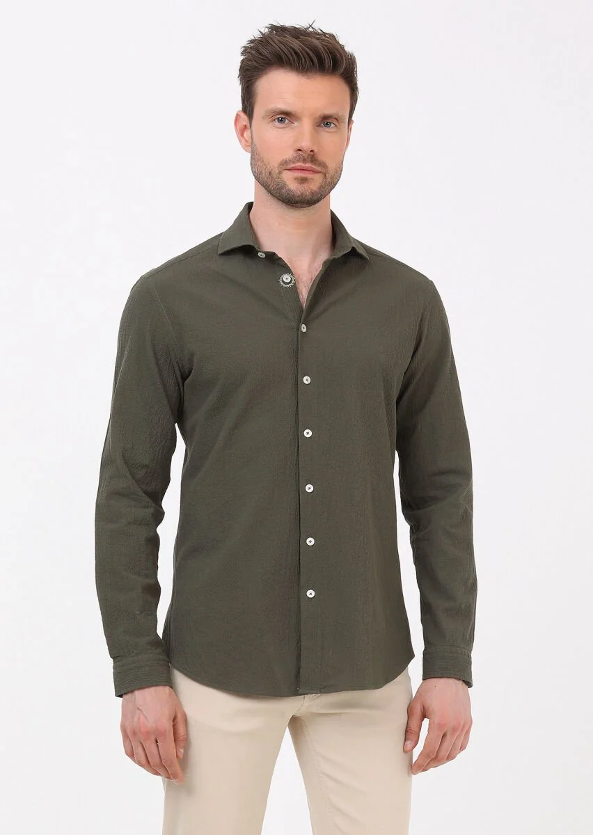 Khaki Slim Fit Weaving Casual Cotton Blended Shirt - 4