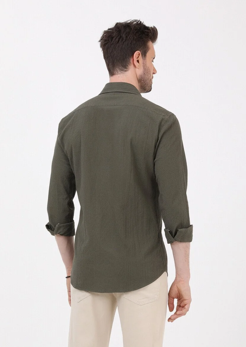 Khaki Slim Fit Weaving Casual Cotton Blended Shirt - 6