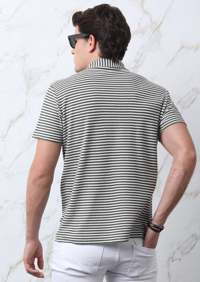 Khaki Striped Polo Neck 100% Cotton T-Shirt - 4