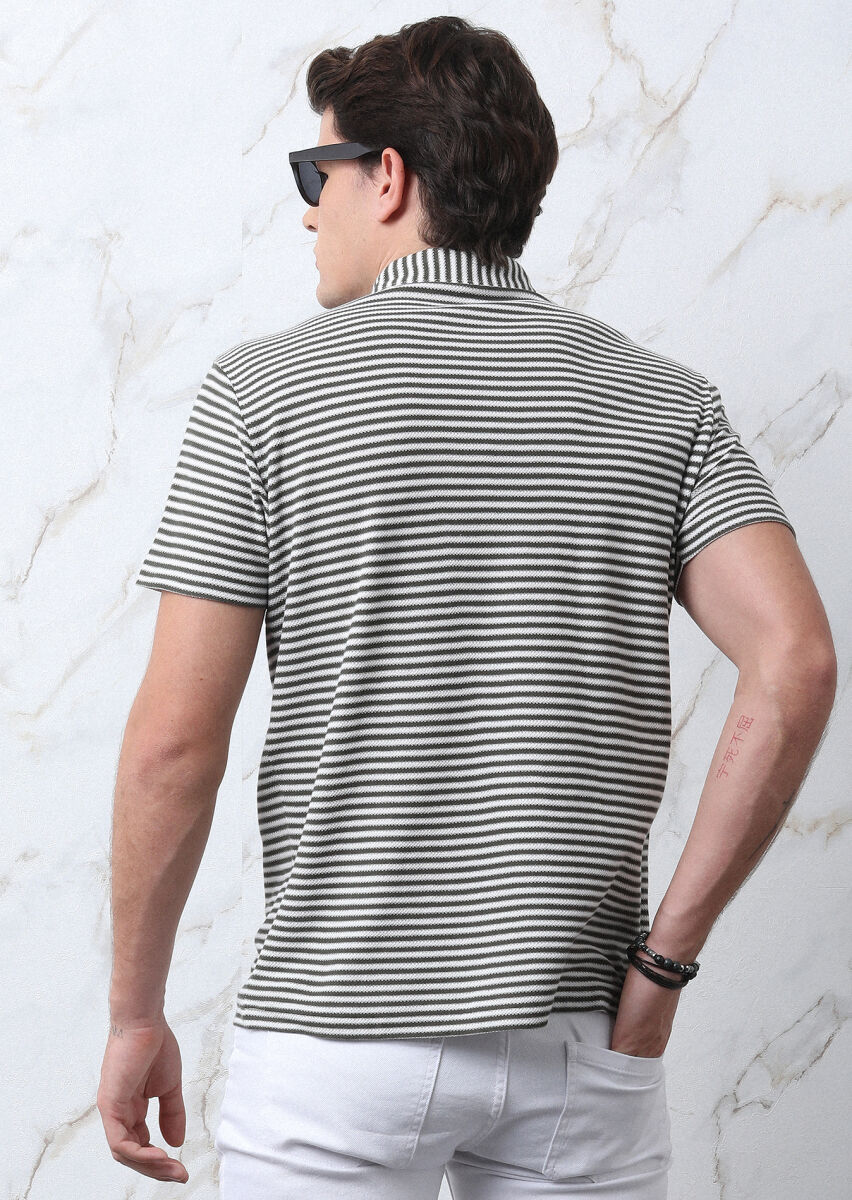 Khaki Striped Polo Neck 100% Cotton T-Shirt - 4