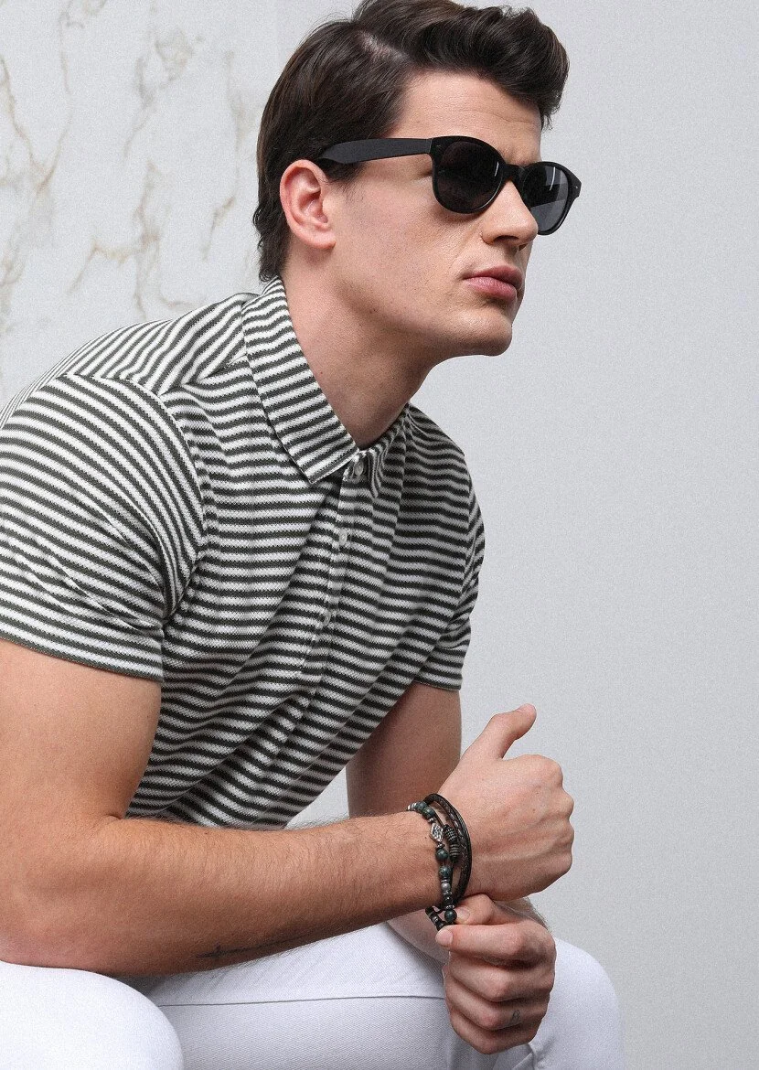 Khaki Striped Polo Neck 100% Cotton T-Shirt - 1