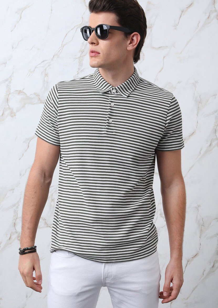 Khaki Striped Polo Neck 100% Cotton T-Shirt - 2